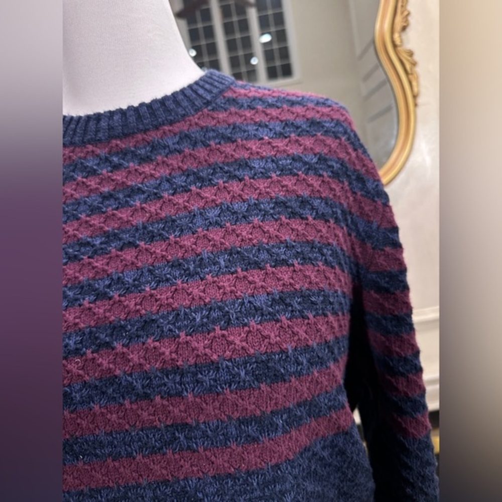 The Normal Brand Men’s M 100% Cotton Striped Knit Sweater Navy Burgundy - Picture 2 of 7